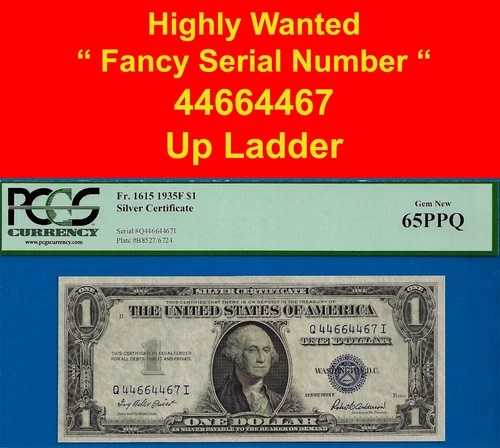 1935年F 1ドル銀貨証明書 PCGS 65PPQ - ファンシーシリアル番号 44664467