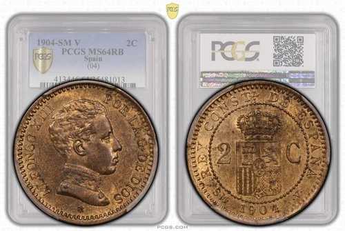 スペイン、アルフォンソ13世、2センティモス、1904年 SM-V、トップポップ、PCGS MS 64 RB