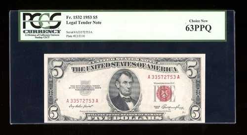 DBR 1953 $5 リーガル Fr. 1532 AA ブロック PCGS 63 PPQ シリアル A33572753A