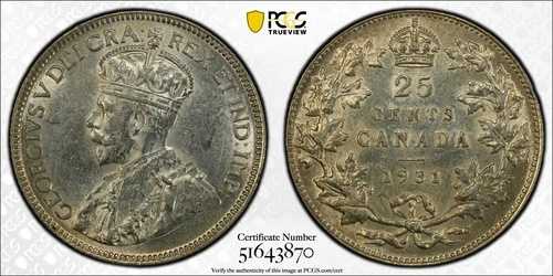 1931年カナダ25セント - PCGS AU詳細