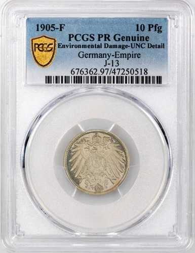 ドイツ帝国 1905F 10 ペニヒ、ヴィルヘルム2世 - PCGS UNC 詳細