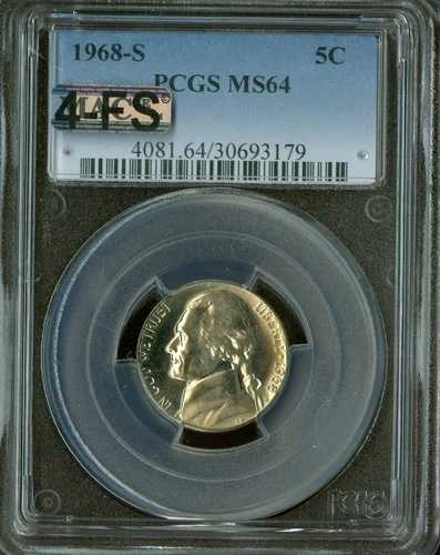 1968 S ジェファーソン ニッケル PCGS MS64 MAC 4FS 希少 $500.00 IN FS 。