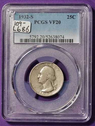 1932-S ワシントン クォーター。PCGS ホルダー入り。VF20。L686