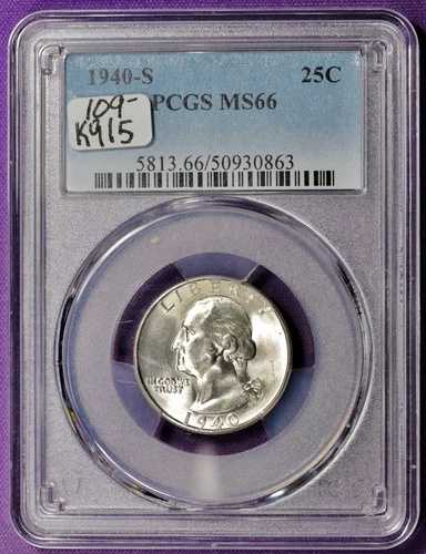 1940-S ワシントン クォーター。PCGS ホルダー入り。MS66。K915