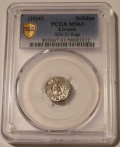 リヴォニア（ラトビア）クリスティーナ 1643 シルバー ソリダス リガミント MS63 PCGS GSH