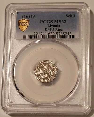 リヴォニア（ラトビア）ジグムント3世ヴァーサ 1619年 シルバーシリング リガミント MS62 PCGS 43,615円