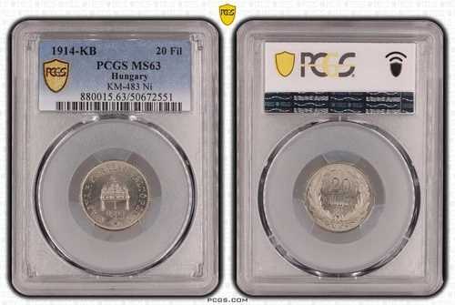 ハンガリー 20フィラー UNCコイン 1914年 KM#483 PCGS グレーディング MS63