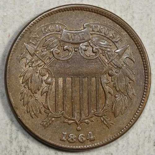 1864年製 2セント硬貨、大きなモットー、厳選されたほぼ未使用品 0629-02