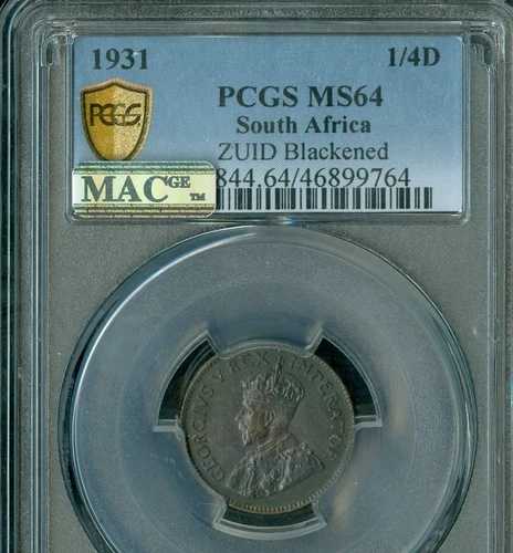 1931年 南アフリカ ファージング PCGS MS64 ブラックエンド MAC スポットレス *