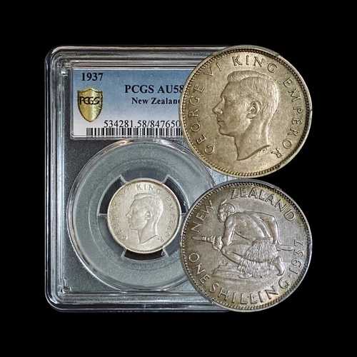 ニュージーランド。1937年、シリング、銀貨 - PCGS AU58 - セミキー、KGVI、マオリ戦士