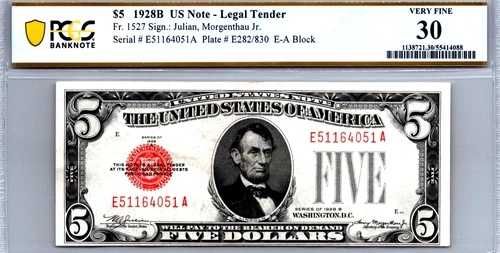 1928-B 法定通貨 $5 「RED SEAL」 PCGS 30 Very Fine Fr. 1527