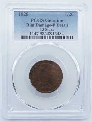 1828年製 クラシックヘッド 1/2C PCGS 純正リムダメージ Fディテール 13スター - U1344