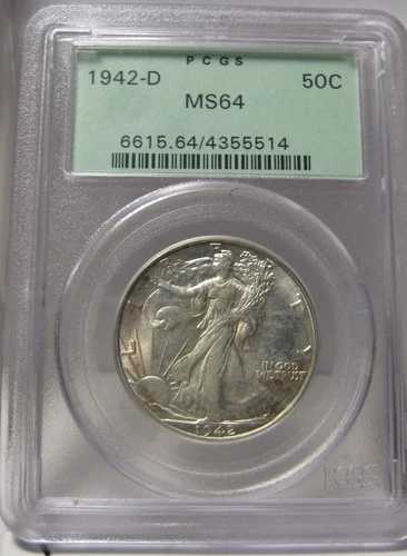 1942-D PCGS MS 64 シルバー リバティ ウォーキング ハーフ - オールドグリーン ホルダー