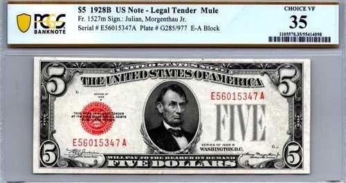 $5 1928-B 法定通貨レッドシール「ミュール」 PCGS 35 CVF Fr. 1527m