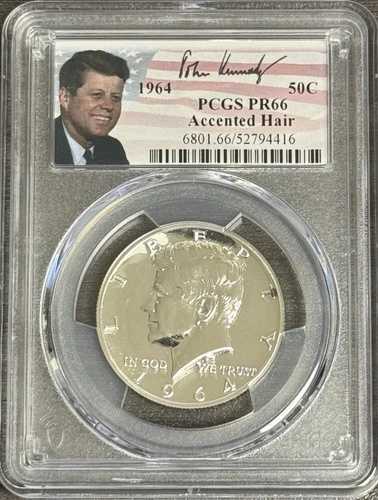1964年 シルバープルーフ アクセントヘア ケネディ ハーフダラー PCGS PR66 肖像ラベル