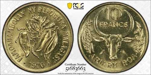 1970年 マダガスカル - 10フラン / 2アリアリ - FAO - 植物 / 牛の頭 - PCGS MS67