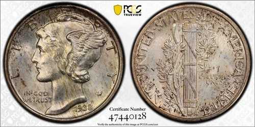 1938年 10セント マーキュリーダイム - PCGS MS65FB フルバンド ゴールドラベル