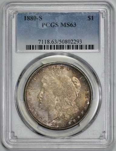 1880-S モルガン銀貨 1ドル PCGS MS 63 サテンパティーナ ライトパステル 虹彩