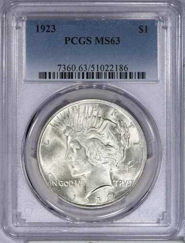 1923 年ピース ダラー $1 PCGS MS63 - 輝く光沢 - 新品ホルダー!