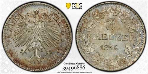 1856年 フランクフルト ドイツ シルバー 3クロイツァー PCGS MS65 ポップ 2/1 上質 ナイスジェム 1553