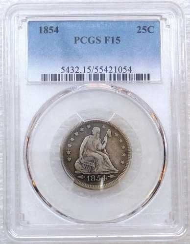 1854年製 シーテッド・リバティ・クォーター・アローズ PCGS F15 新品鑑定済 #SB13