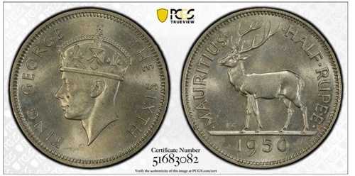 1950年 モーリシャス 1/2ルピー PCGS MS64