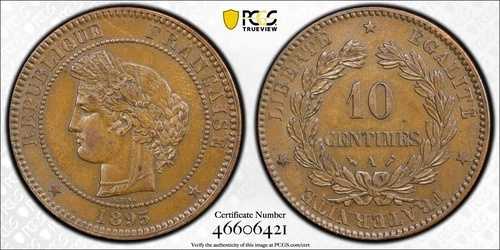 1895年 A パリ フランス 10サンチーム Gad-265a PCGS MS62 BN トップポップ 1/0 BN 2833