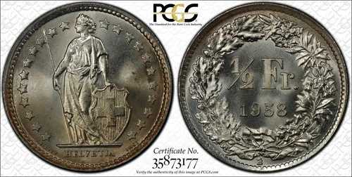 1958年 スイス 1/2フラン銀貨 - PCGS MS67