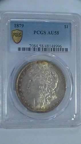 1879年 モルガン銀貨 AU58 PCGS 美しい裏側トーニング 写真をご覧ください