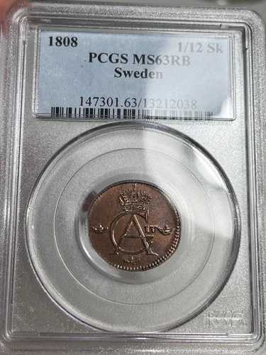 1808 スウェーデン 1/12 スキリング - PCGS MS63 RB - 素晴らしい色です!