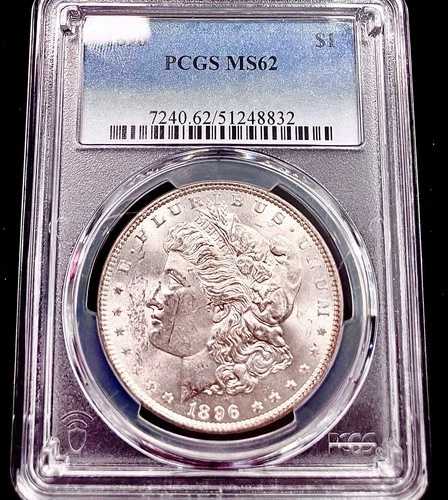 1896年製 モルガンシルバー 1ドル - PCGS MS62。グレードとしては見事な輝き！
