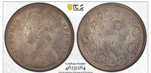 世界の銀貨: * 1901 B インド イギリス ルピー PCGS AU58 *