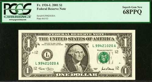 トップポップ 2001 $1 FRN PCGS 68PPQ 最高グレード サンフランシスコ Fr 1926-L