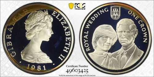 1981年 PR 68 DCAM クラウン ジブラルタル プリンセス ダイアナ ロイヤル ウェディング PCGS シルバー 598-