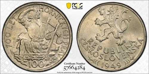 チェコスロバキア 100コルナ 1949年、PCGS MS 64 Choice UNC、光沢あり、銀貨。A4