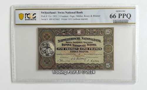 スイス - 1951 - 5 フランケン - 詳細は下記をご覧ください - PCGS 66 PPQ GEM Unc.