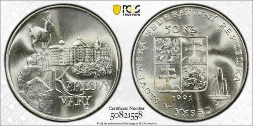 1991 チェコスロバキア シルバー 50 コルン カルロヴィ ヴァリ スパ - PCGS MS68
