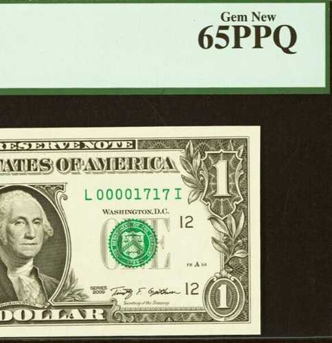 2009年 1ドル連邦準備銀行券 PCGS 65PPQ リピーターロー シリアル番号 00001717