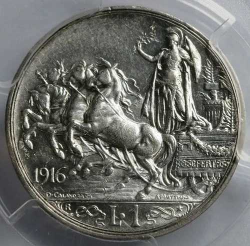 イタリア 1リラ 1916 R PCGS AU 58 UNC クアドリガ ホース シルバー ローマ王 ヴィットリオ・フェルト