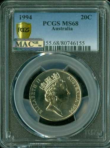 1994年 オーストラリア 20セント PCGS MS68 PQ 2ND 最高級グレード MAC スポットレス *