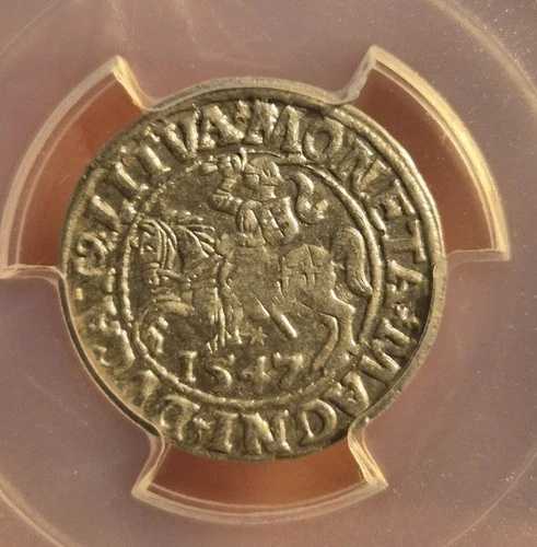 1547年、リトアニア、1/2グロート、銀貨、ほぼ未使用、PCGS AU58