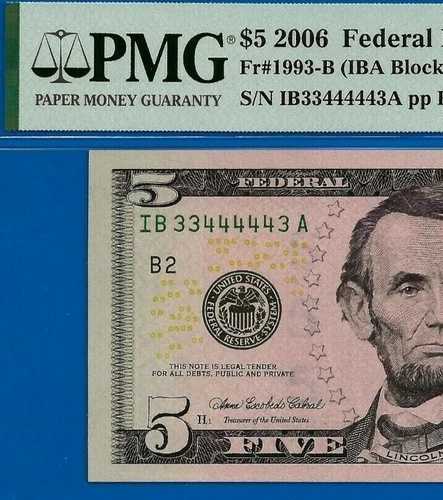 2006年 5ドル連邦準備銀行券 PMG Gem 66EPQ ファンシーシリアル番号 33444443
