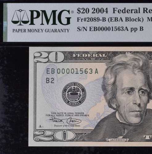2004年 20ドル連邦準備銀行券 PMG 64EPQ 人気低シリアル番号 0001563 を募集