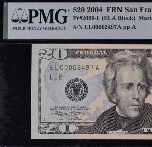 2004年 20ドル連邦準備銀行券 PMG 64EPQ 人気の低いシリアル番号0002497を募集