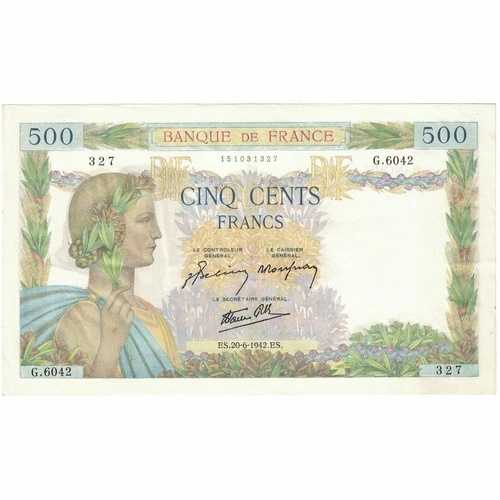 [#390653] フランス、500 フラン、ラ ペ、1942 年、G.604、AU(50-53)、ファイエット:32.35、KM