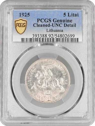 リトアニア 5リタイ 1925年、PCGS UNC Det、「第一共和国（1925年 - 1938年）」銀貨 42,900円