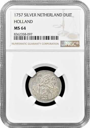 オランダ (Holland) 1 Deut 1757、NGC MS64、オランダ共和国 (1701-1794-
