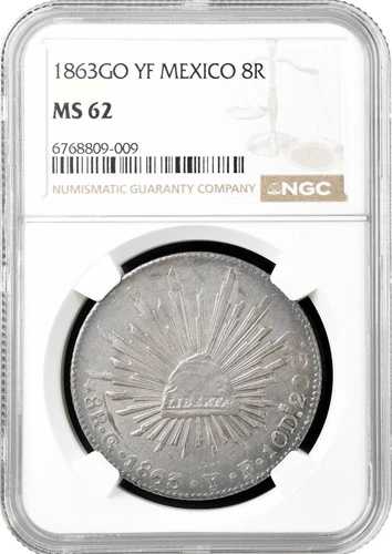 メキシコ 8レアル 1863 GO YF、NGC MS62、「メキシコ共和国（レアル）（1823-1897）」｜WORLD RESOURCE【QUEEN店】