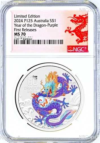 2024年 オーストラリア シルバー 龍年 NGC MS70 1オンス 1ドルコイン P125 パープル
