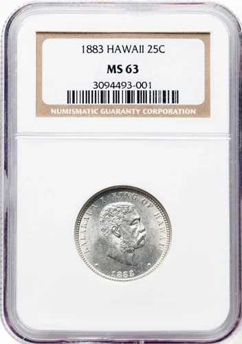ハワイ カラカウア I 1883年 25セント硬貨 未流通 NGC MS63認定
